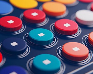 Colorful buttons on a dark surface with a white square symbol on each button.