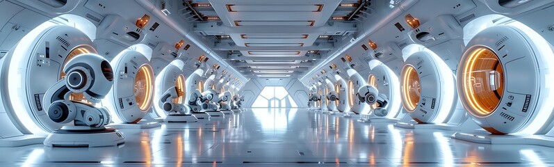Aufkleber - A futuristic corridor featuring robotic arms and illuminated circular pods, creating a sleek, high-tech atmosphere.