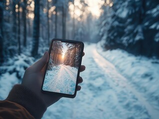 Wall Mural - Taking a snowy forest walk with glowing AR navigation and nature tracking, cozy winter trail, soft ambient lighting, photorealistic