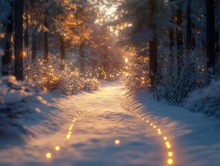 Wall Mural - Taking a snowy forest walk with glowing AR navigation and nature tracking, cozy winter trail, soft ambient lighting, photorealistic