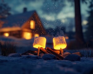 Toasting marshmallows with glowing AR roasting guides, cozy outdoor setting with bonfire, soft warm lighting, photorealistic