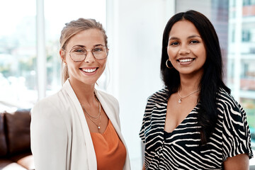 Aufkleber - Business, women and portrait with smile in office for collaboration, career confidence and pride at creative agency. Designer, happy team and employees at workplace for planning and professional
