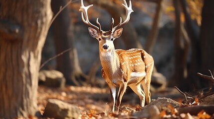 Poster - A spotted deer with large antlers stands in an autumnal forest, looking directly at the camera.