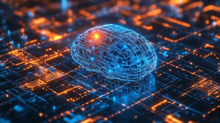 Leinwandbilder - The artwork depicts a stylized brain composed of intricate circuitry, surrounded by glowing data streams and circuits.