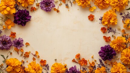Poster - A vibrant collection of marigold and purple flowers is artfully arranged around a soft, textured background, creating a beautiful display perfect for spring decorations or celebrations.