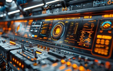 Poster - A futuristic control panel with vibrant orange lights and various digital displays, showcasing advanced technology and intricate design.