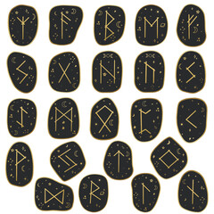 Set of Magical Runes on Black Stones with Golden Elements, Isolated on White Background