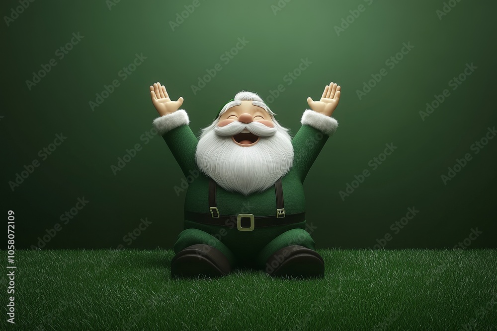 Santa Claus figurine in a green suit sitting on grass with raised arms celebrating the festive season in a unique Christmas scene that blends holiday cheer with outdoor charm