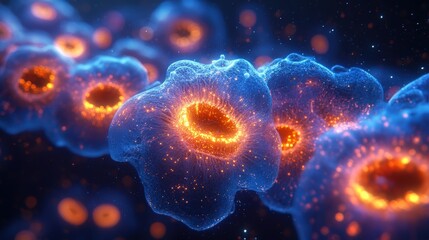 Glowing cells with orange and blue hues, floating in a dark, abstract space, showing cellular structures and vibrant colors