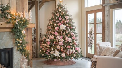 Aufkleber - A living room features a stunning Christmas tree adorned with pink flowers and sparkling ornaments, surrounded by a warm and inviting atmosphere created by soft lighting and holiday decorations.