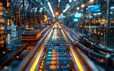Poster - A futuristic scene showcasing a bright, tech-filled manufacturing line, with illuminated components and machinery creating a dynamic ambiance.