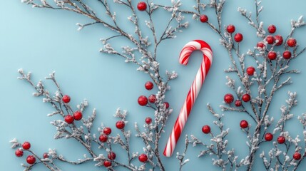 Aufkleber - A vibrant candy cane rests among frosty branches adorned with red berries, creating a cheerful winter arrangement on a soft blue surface. The festive colors evoke holiday joy and charm.