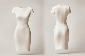 Front and back view of elegant white sheath dress on plain background