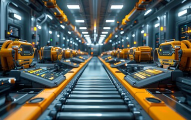 Aufkleber - A futuristic robotic assembly line featuring advanced technology and automated systems in an industrial setting.