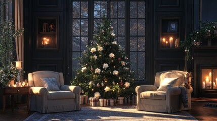 Poster - Two chairs sit on either side of a decorated Christmas tree in a living room with a fireplace. The room is lit by warm candlelight and the sun shining through the windows.