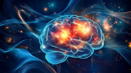 Poster - A digital rendering of a human brain with glowing lights inside its structure. The brain appears to be floating in a dark space, with a blue and white energy field swirling around it.