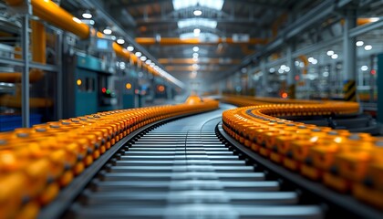 Poster - Depicts a vibrant, modern production line with a curving conveyor belt transporting orange containers in a spacious industrial setting.