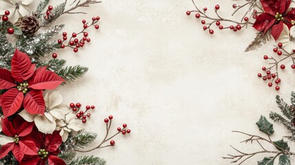 Aufkleber - A flat lay image of red poinsettia flowers and holly berries arranged on a white background, creating a frame with room for text. Snowflakes are scattered across the leaves.