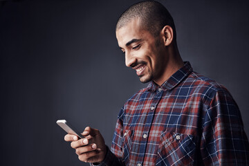 Poster - man, smile or phone in studio for social media, good news or feedback for creative small business. d