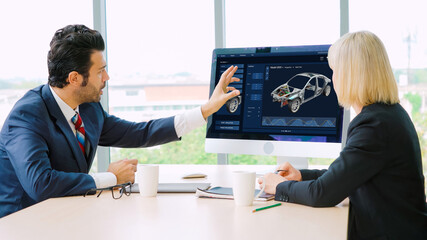 Poster - electric car design software on computer screen showing simulation blueprint snugly by digital calcu