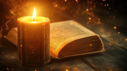 Wall Mural - a lit candle next to an open antique book on a wooden table with magical glowing particles in the ai