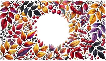 Bright, highly artistic photorealistic autumn leaves in warm colors, with detailed acorns and berries framing a spacious white background, creating an elegant and inviting seasonal frame with a wide, 