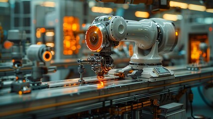 Aufkleber - A robotic arm is performing intricate tasks in a modern industrial setting, surrounded by bright lighting and advanced technology.