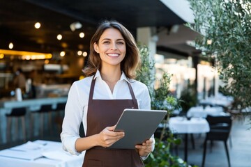 Smiling businesswoman holding a tablet outside a modern restaurant, with copy space for corporate and technology themes.