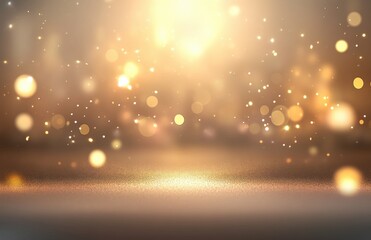 Poster - Abstract blurred background with golden bokeh lights and sparkling glitter on the floor. Background for product display presentation in a studio. Shiny golden light rays.