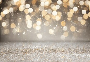 Poster - A glittering background with silver and gold bokeh lights, glitter on the floor, and shiny sparkles in the air, creating a photography backdrop perfect for a party or celebration