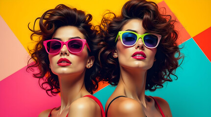 two girls in sunglasses Abstract 1980s trendy model Retro pop art collage design with female portrait.