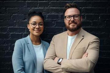 Happy business couple in front of a stylish black brick wall. The man in a beige suit jacket and glasses stands beside a woman in a blue blazer and white t-shirt, embodying professionalism and partner