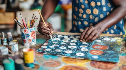 Artisan crafting unique hand-painted designs on canvas tote bags for creative inspiration