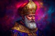 © Leo Rohmann - Bishop in vibrant attire gazing solemnly against dramatic colorful sky symbolizing faith reverence and divine inspiration in a deeply spiritual holiday setting