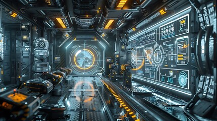 Poster - A futuristic, high-tech spaceship corridor illuminated by neon lights and displaying complex control panels and a circular portal.