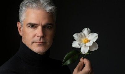 Wall Mural - Closeup portrait of a man with grey hair, dressed in a black turtleneck, holding a single white gardenia