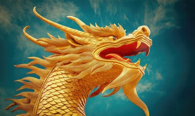 Golden Chinese dragon with red highlights, set against a dark blue background with minimalist white clouds