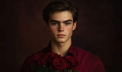 Wall Mural - Closeup portrait of a young man with deep burgundy hair, holding burgundy roses at chest height