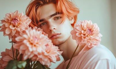 Wall Mural - Closeup portrait of a young man with coral-colored hair, holding coral dahlias