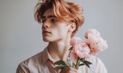 Wall Mural - Closeup portrait of a young man with rose-gold hair, holding pink peonies, warm ambient light