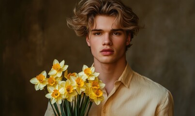 Wall Mural - Closeup portrait of a young man with sandy blonde hair, holding yellow daffodils