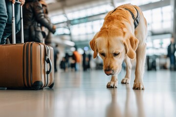 labrador sniffing airport floor beside suitcase, travelers in background, dog at airport, travel con