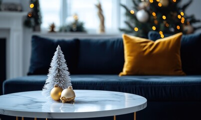 Modern living room with white marble coffee table, dark blue couch with a single gold pillow