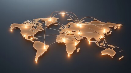 Poster - This 3D world map showcases vibrant orange connections linking countries, set against a dark backdrop for dramatic effect