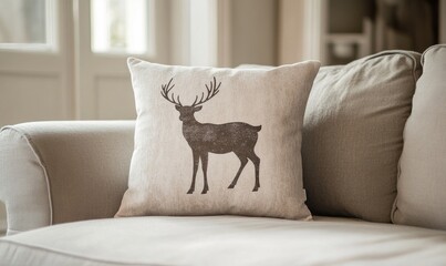 Wall Mural - Neutral-colored pillow with a printed reindeer silhouette on a beige couch