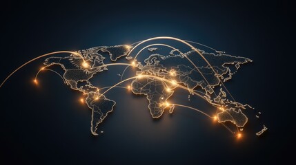 Poster - This 3D world map showcases vibrant orange connections linking countries, set against a dark backdrop for dramatic effect