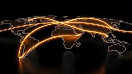 Poster - this 3d world map showcases vibrant orange connections linking countries, set against a dark backdro