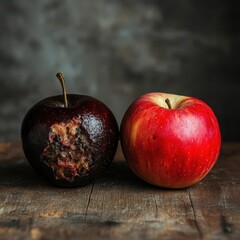 Rotten Apple vs Fresh Red Apple on Wooden Table - Still Life Photography