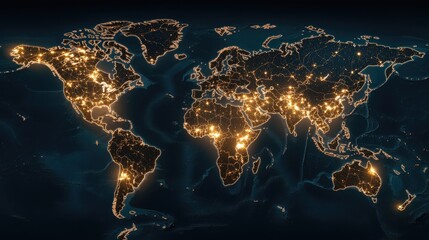 Poster - This 3D world map showcases vibrant orange connections linking countries, set against a dark backdrop for dramatic effect