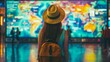 © Sam - A young woman with long brown hair, wearing a hat and backpack, stands in front of a large screen displaying a colorful map.
